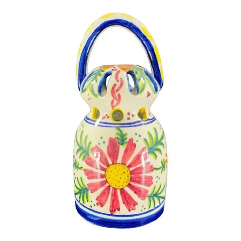Folk‎ Art Pottery Candle Holder W Handle Votive Hand Painted Made In Spain Vtg
